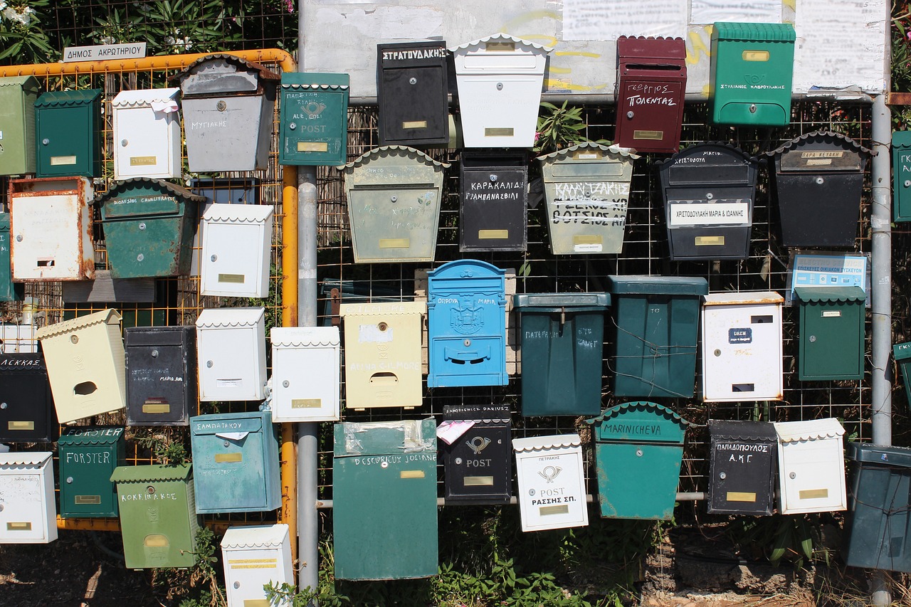 A wall full of mailboxes representing the "Contact Us" page, symbolizing communication and message sharing.